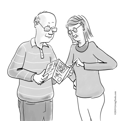 Illustration of an older man and younger woman looking at a planned giving brochure